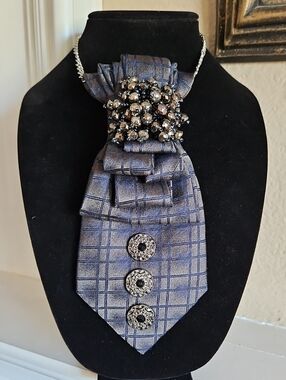 Pavone Upcycled Blue and Gray Plaid Necktie Necklace